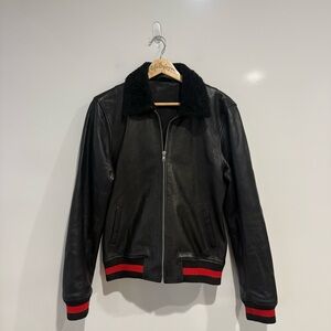 Reformation Leather Bomber Moto Jacket With Fur Collar Trim